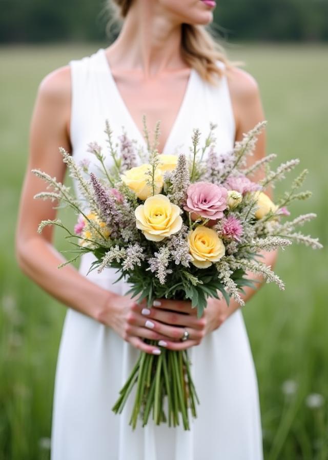 A person holding a large, artfully composed bouquet of wildflowers and rare blooms in soft, muted tones, against a natural backdrop.