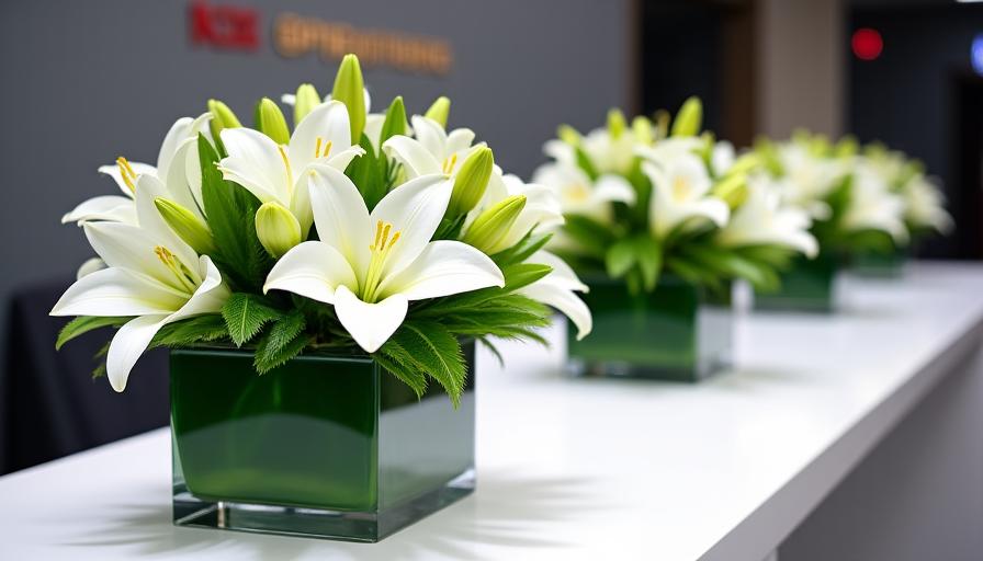 Sleek and modern rectangular floral arrangements with white lilies and green foliage on a registration desk at a high-end corporate event.