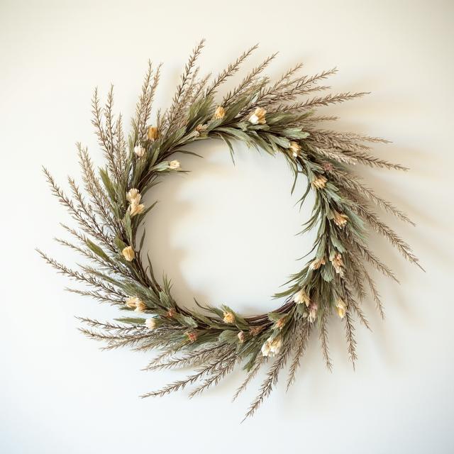 A circular, rustic dried floral wreath hanging on a minimalist light-colored wall, with various textures of dried foliage.