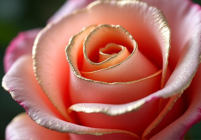 A macro shot of a preserved single rose with delicate gold leaf gilding on its petals, highlighting intricate detail.