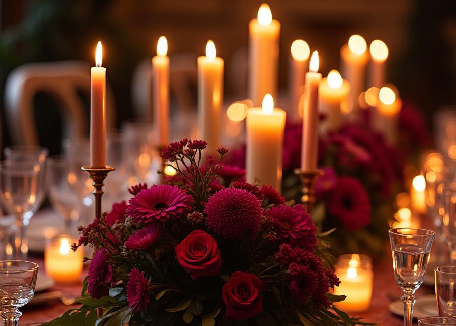 An opulent table centerpiece for a banquet, featuring candles and rich-colored flowers like deep red roses and purple hydrangeas.