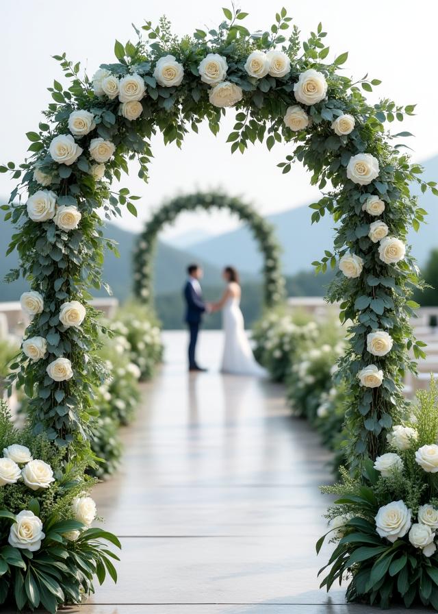 A lush floral wedding arch with white roses and eucalyptus, creating a romantic entrance.